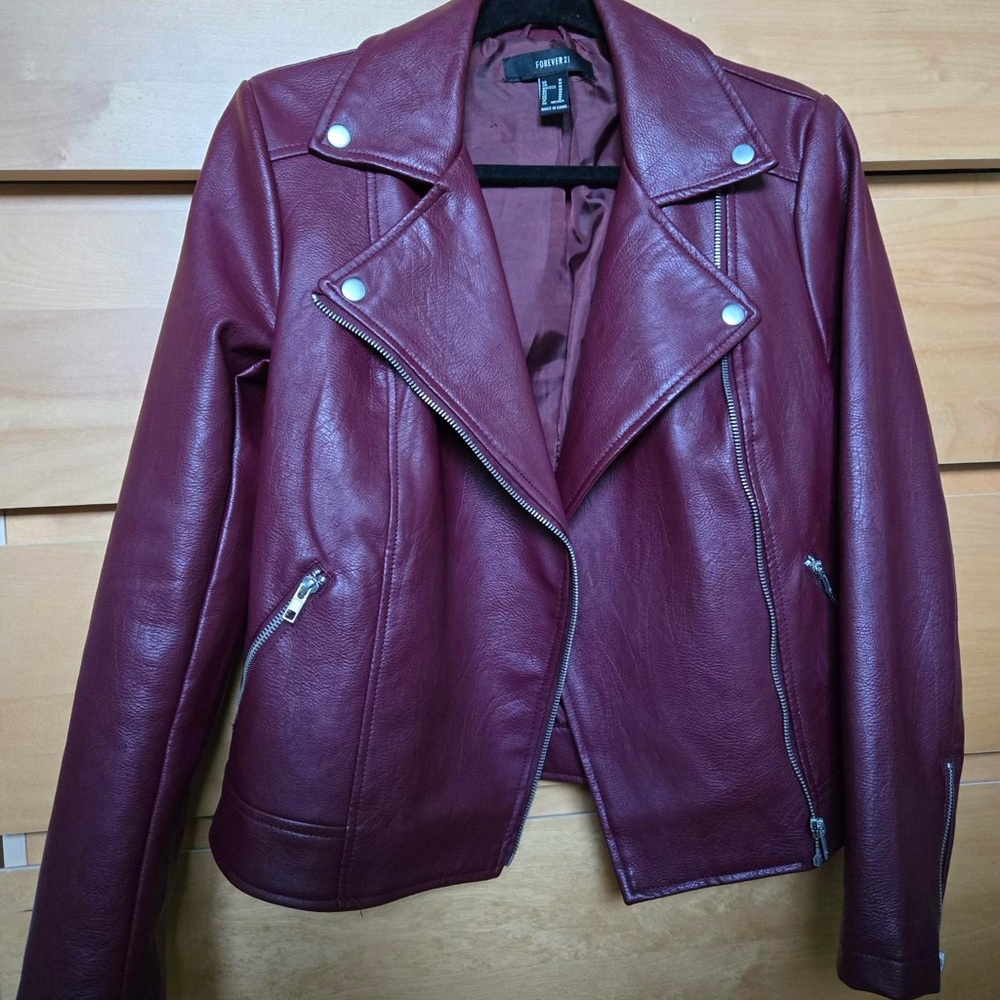 Forever 21 Women's Burgundy Faux Leather Jacket - Size Medium